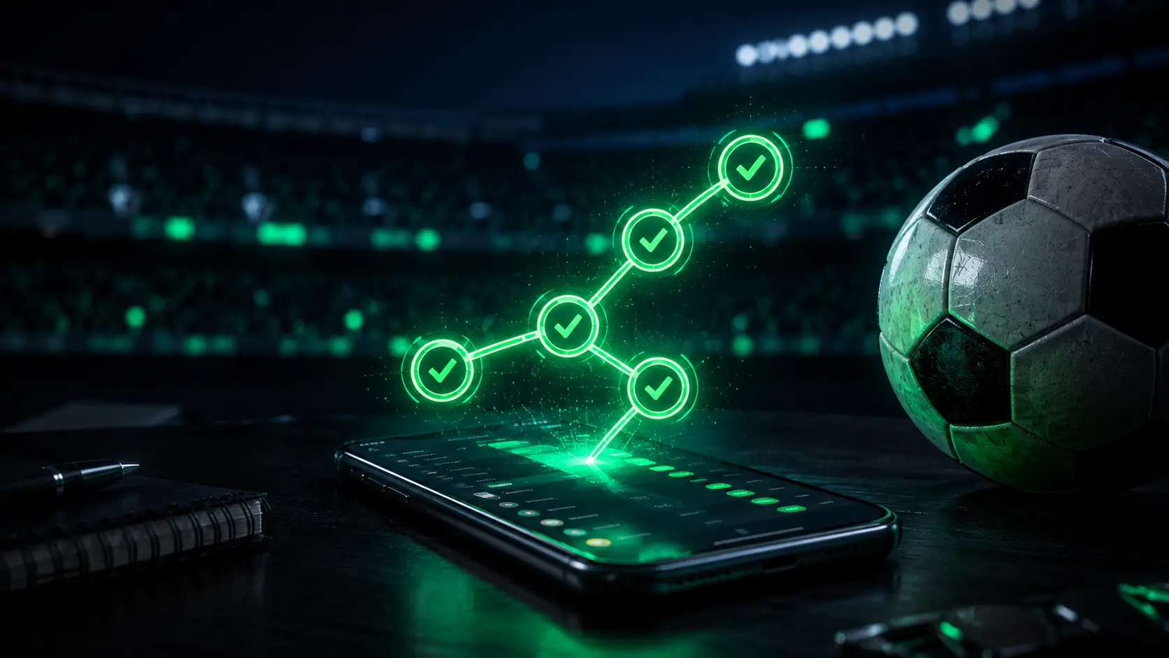 Linked selection chain glowing over a betting app beside a football — accumulator betting