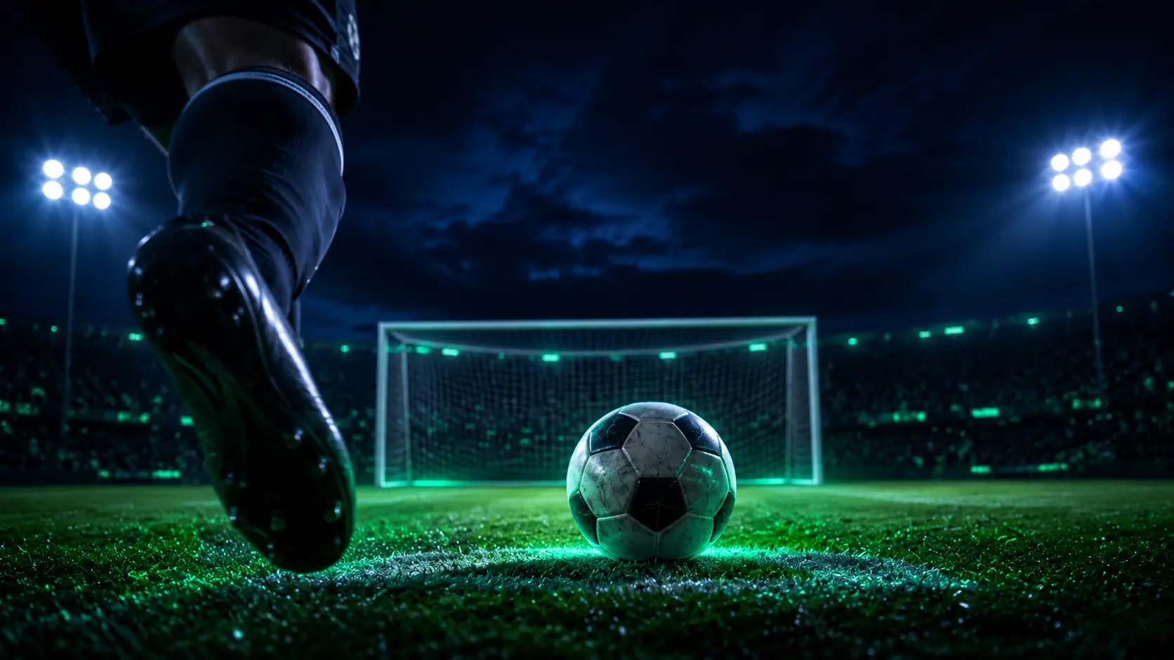 Player striking a football toward the goal on a floodlit pitch — how to bet on football
