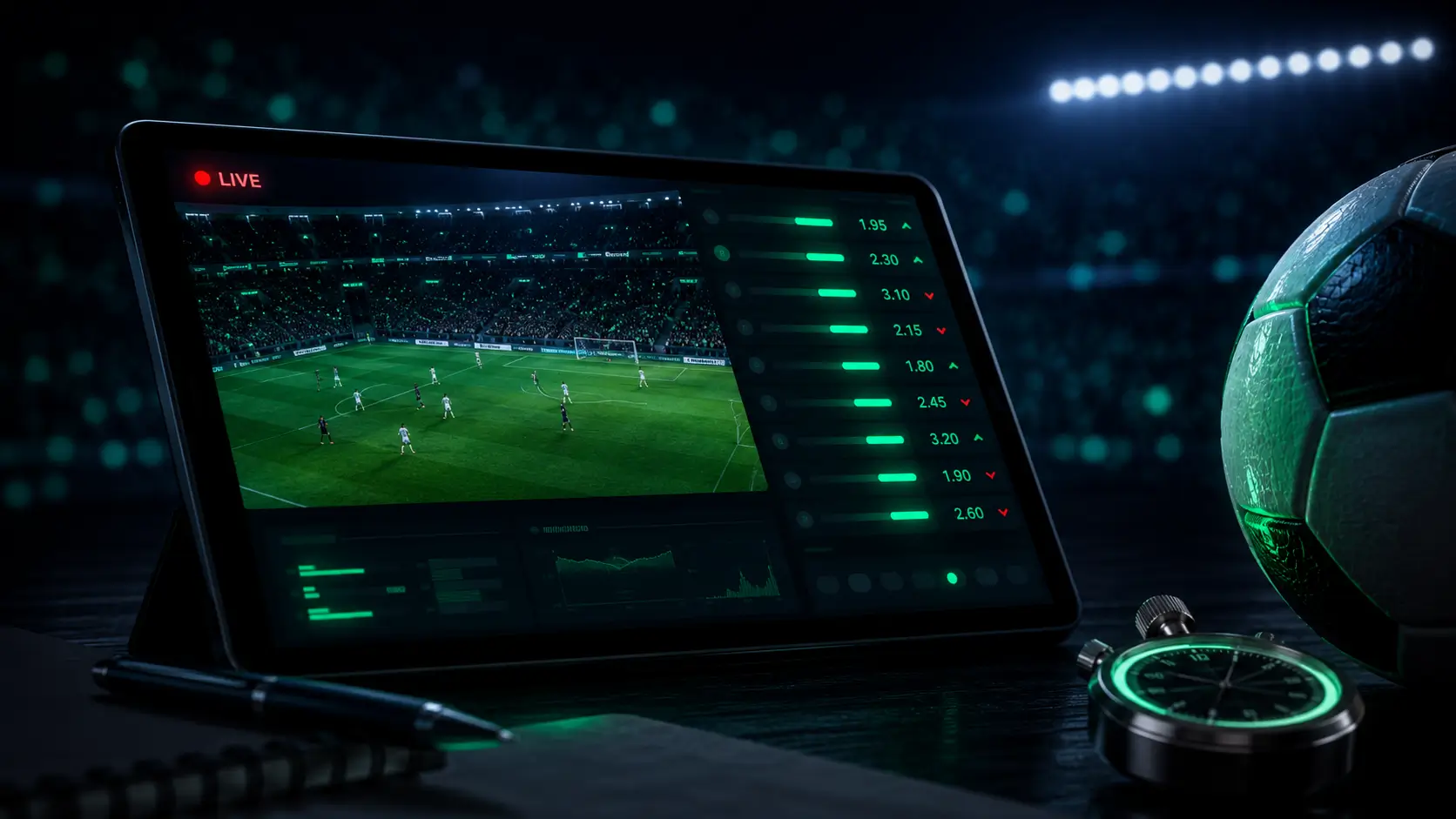 Live match on screen with a stopwatch and football — live in-play betting