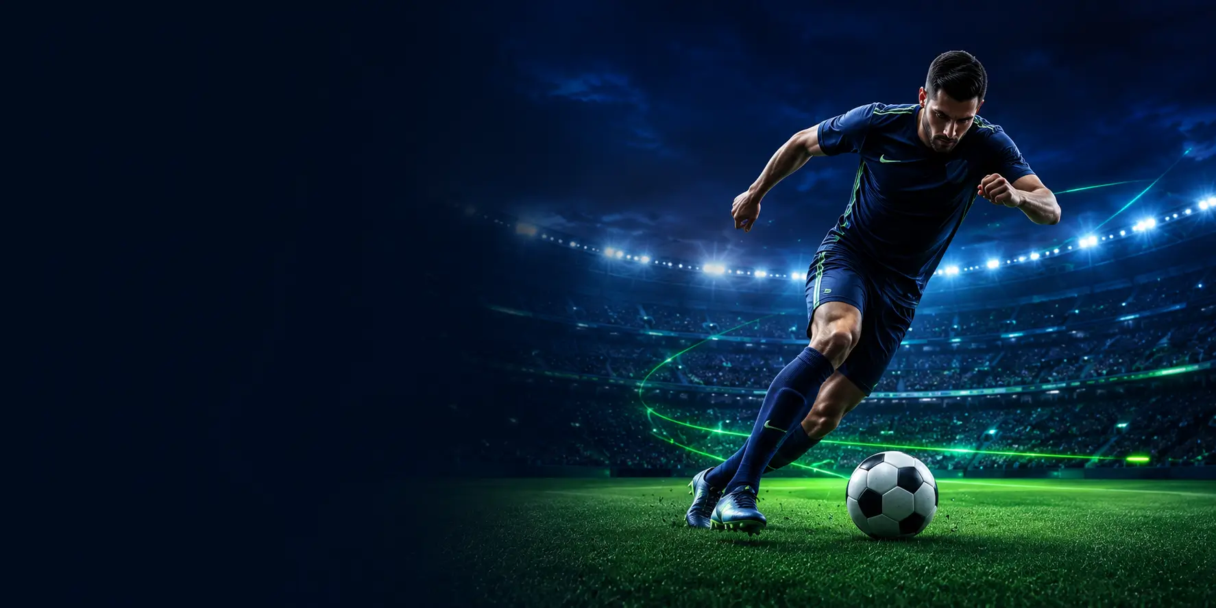 Football player striking a ball in a floodlit stadium